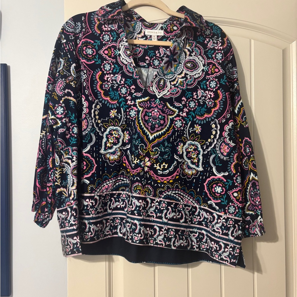 Crown & Ivy Black and Pink Boxy Polo Blouse NWOT
